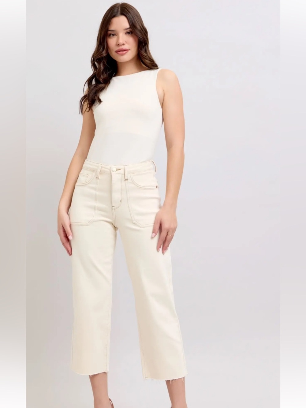 Judy Blue Cream /Ecru Garment Dyed High-Rise Cropped Jeans